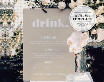 Scandi Minimalist Wedding Drinks Menu, Bar Menu Printable Editable Template #047