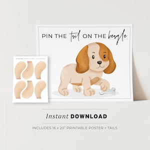 Pin the Tail on the Beagle Kids Party Game Printable Poster, Birthday Party Game, INSTANT DOWNLOAD
