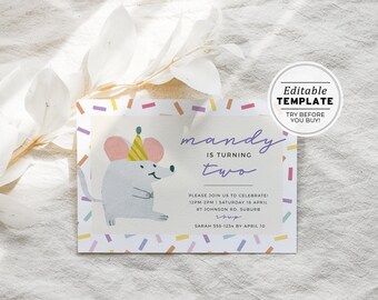 Mandy the Mouse Birthday Party Birthday Invitation Template | EDITABLE TEMPLATE