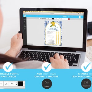 May include: A laptop screen displaying a printable "Guess Who Knows Me Best" game with a lemon and blue tile design. The game is customizable with editable font, font color, background color, and the ability to add your own graphics and photos.