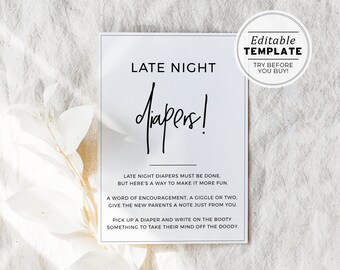 Juliette Late Night Diapers Baby Shower Game, Minimalist Gender Neutral Printable Baby Shower Activity | EDITABLE TEMPLATE #004