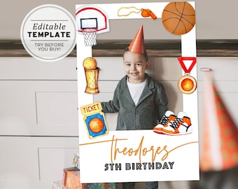 Minimalist Basketball Theme Kids Photo Frame Prop Frame Printable, Photo Booth Prop | EDITABLE TEMPLATE #067