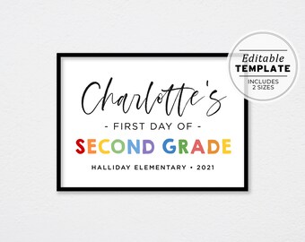 First Day of Second Grade Sign Template, First Day of School Printable, First Day Picture, First Day Photo Prop | EDITABLE TEMPLATE