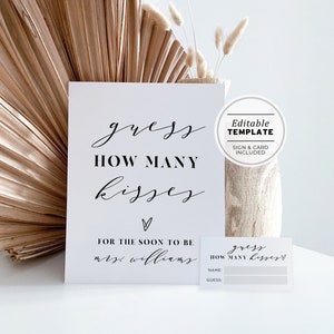 Mr White Minimalist How Many Kisses Game Sign and Card, Printable Bridal Shower Game | EDITABLE TEMPLATE #001