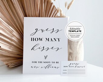 Mr White Minimalist How Many Kisses Game Sign and Card, Printable Bridal Shower Game | EDITABLE TEMPLATE #001