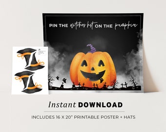 Halloween Pin the Hat on the Pumpkin Game, Halloween Printable Poster, Halloween Party Game, INSTANT DOWNLOAD #080