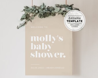 Scandi Minimalist Baby Shower Willkommensschild Vorlage, Minimalistisches Baby Shower Willkommensschild, druckbare bearbeitbare Vorlage #047