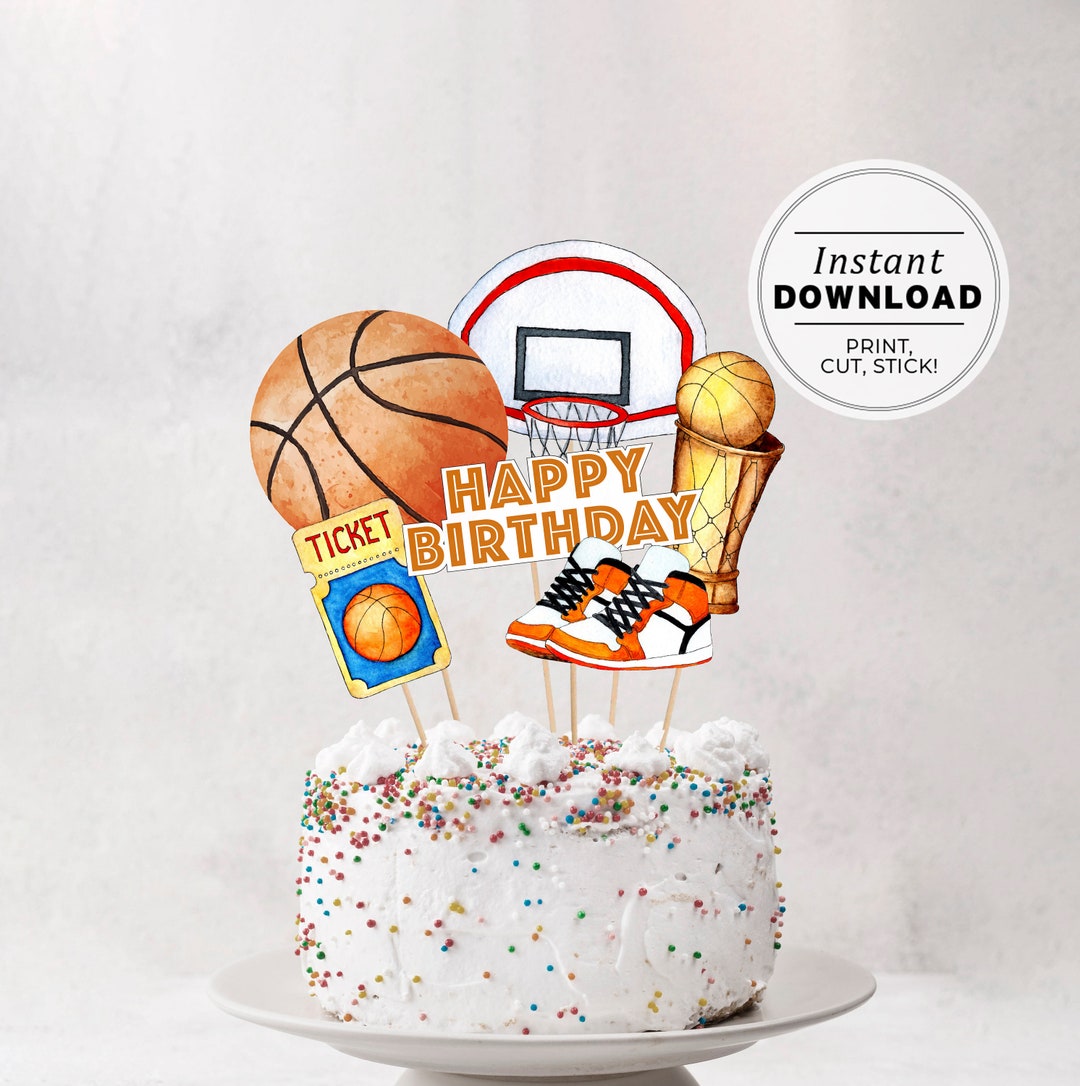 Printable Basketball Cake Topper, Watercolor Basketball Centerpieces