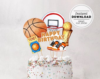 Printable Basketball Cake Topper, Watercolor Basketball Centerpieces, Birthday Party Table Decor, Instant Download #067