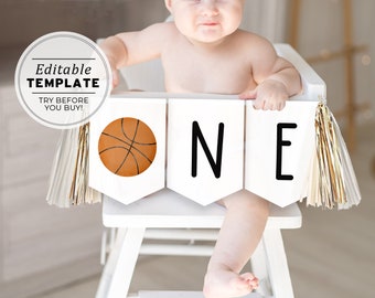 Printable Basketball 1st Birthday Banner, ONE High Chair Birthday Sign, Happy Birthday Bunting, Birthday Party Sign | EDITABLE TEMPLATE #067