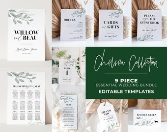 Chelsea Leafy Minimalist Wedding Bundle Template, Editable Wedding Template, Printable Wedding Reception Sign, Wedding Reception Bundle #042