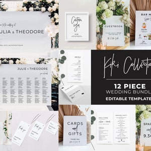 Kiki Minimalistisches Hochzeitsschild-Bündel, 12 bearbeitbare Hochzeitsvorlagen, druckbare Schilder für den Hochzeitsempfang, Hochzeitspfand-Bundle #004
