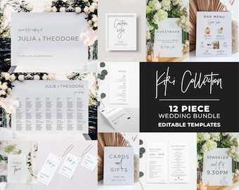 Kiki Minimalist Wedding Signs Bundle, 12 Editable Wedding Templates, Printable Wedding Reception Signs, Wedding Reception Bundle #004