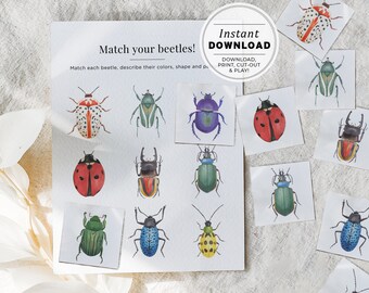 Match the Beetle Kids Activity Printable, Montessori Educational Game, Birthday Party Game, INSTANT DOWNLOAD