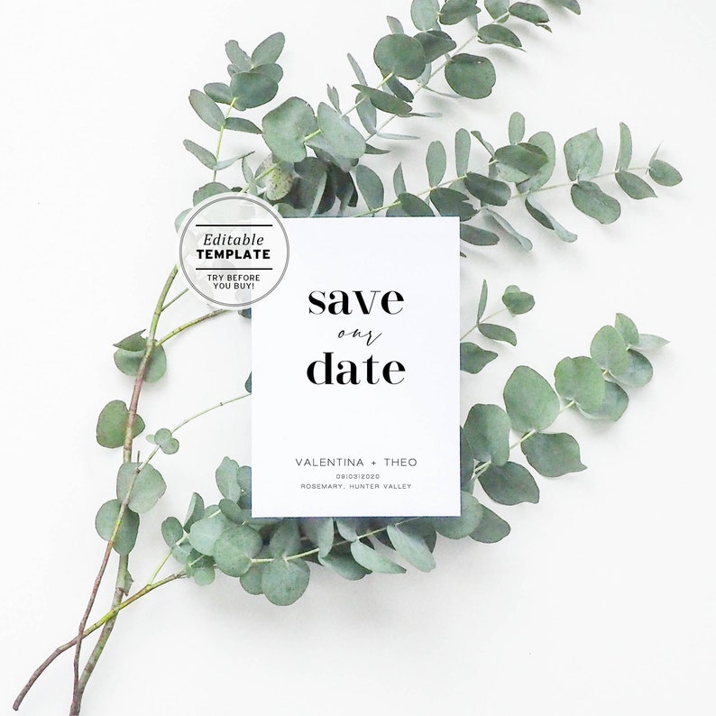 May include: A white save the date card with black text that reads "save our date" with the names Valentina and Theo, the date 08/10/2020, and the location Rosemary, Hunter Valley.
