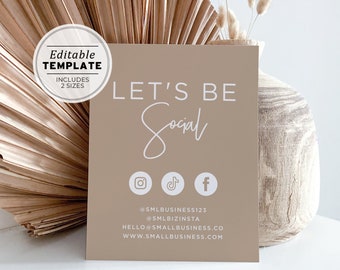 Nue Minimalist Business Social Media Sign, Lets Be Social Sign, Small Business Printable | EDITABLE TEMPLATE #052 #043