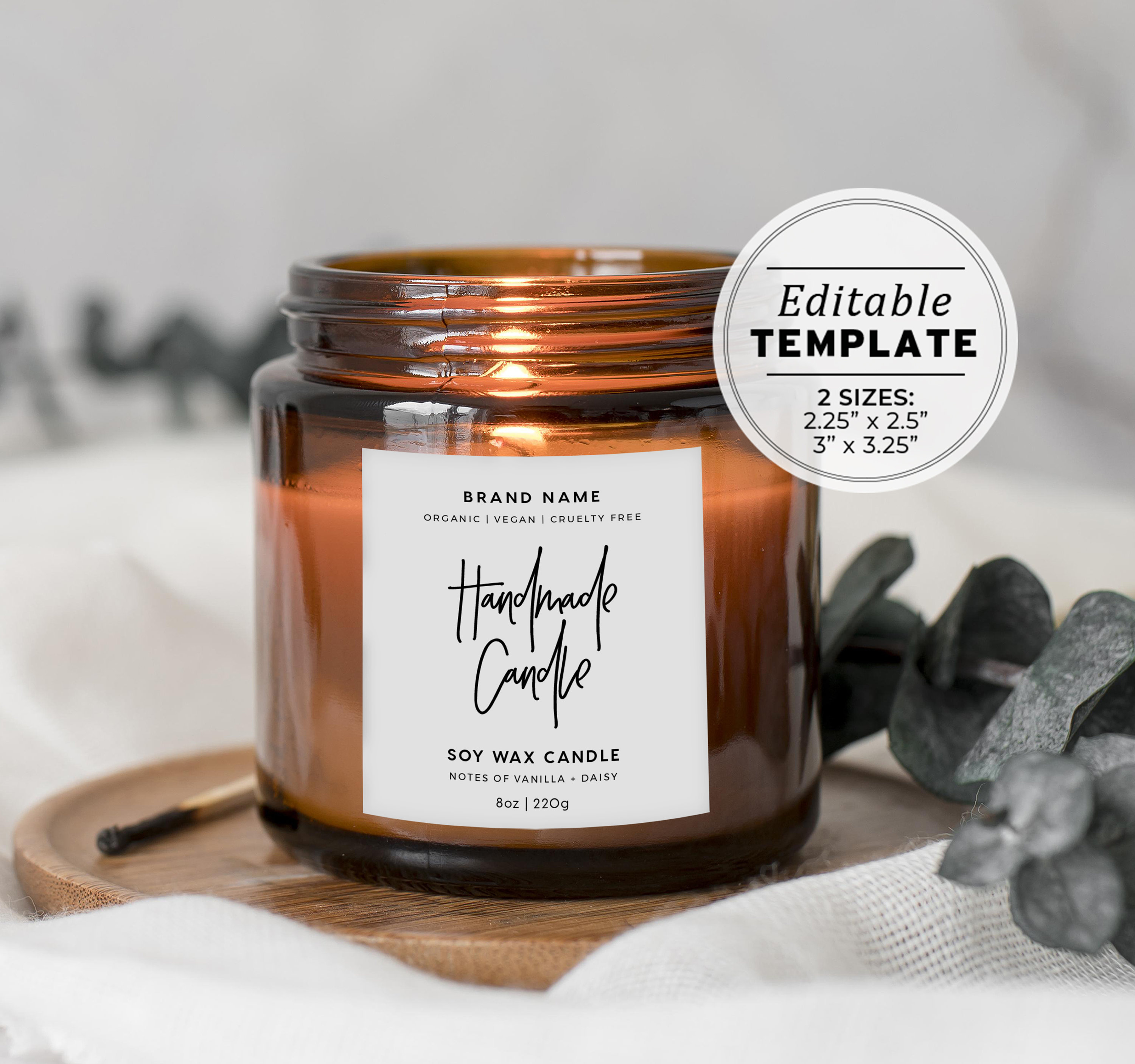 Editable Minimalist Candle Label Template 2 Sizes Printable Custom