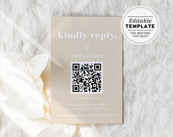 Scandi Minimalist QR Code Response Card, Qr Code Rsvp Card, Rsvp Online, Printable | EDITABLE TEMPLATE #047