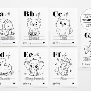 May include: Black and white printable alphabet flash cards featuring an animal for each letter. The cards include the letter, the word for the animal, and a blank space for writing. The animals include an armadillo, bear, cat, duck, elephant, fox, goldfish.