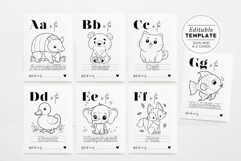 May include: Black and white printable alphabet flash cards featuring an animal for each letter. The cards include the letter, the word for the animal, and a blank space for writing. The animals include an armadillo, bear, cat, duck, elephant, fox, goldfish.