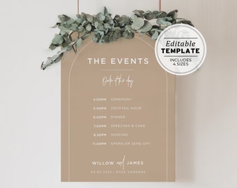 Nue Arch Minimalist Order of Events Wedding Timeline Sign, Wedding Order of the Day, Printable Editable Template #038