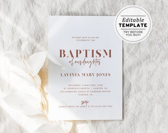 Ceramica Minimalist Baptism Christening Invitation, EDITABLE TEMPLATE, Printable #045