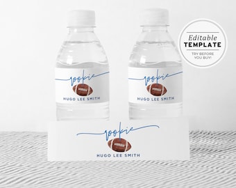 Minimalist Football Theme Birthday Party Bottle Wrapper, Football Party Drink Labels, Our Little Rookie, Printable Editable Template #056