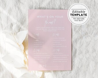 Blush Minimalist What's on your Phone Bridal Shower Game, Wedding Shower Games, Hens Party Games | EDITABLE TEMPLATE #035