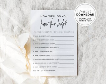 Juliette How Well Do You Know the Bride Bridal Shower Game, Wedding Shower Game, Hen's Party Game | INSTANT DOWNLOAD #004