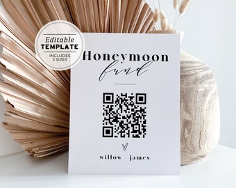 Mr White Minimalist Honeymoon Fund QR Code Printable Sign | EDITABLE TEMPLATE #001