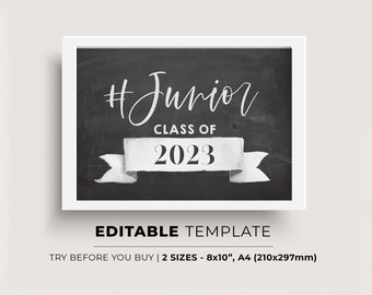 Printable First Day of Junior Year Sign, Class of 2023, Back To School Editable Template