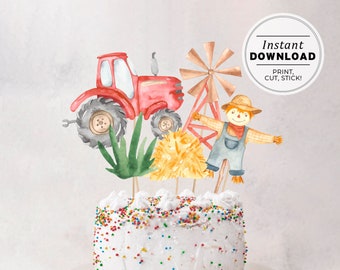 Farm Tractor Cake Topper, Watercolor Farm Centerpieces, Farm Birthday Party, Kids Table Decor | INSTANT DOWNLOAD #075