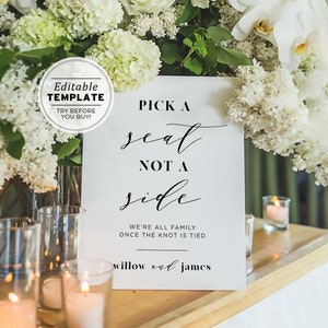 Pick a Seat, Not a Side Wedding Ceremony Sign, Printable | EDITABLE TEMPLATE #001