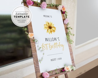 Sunflower Birthday Welcome Sign, Minimalist Sunflower Welcome Poster, 1st Birthday Party Sign | PRINTABLE EDITABLE TEMPLATE #081