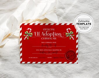 Elf Adoption Certificate, Christmas Elf Adoption Letter, Printable | EDITABLE TEMPLATE Balsam #092