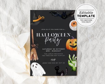 Halloween Party Invitation Template, Printable Halloween Party Invite, Spooky Halloween Party | EDITABLE TEMPLATE #080