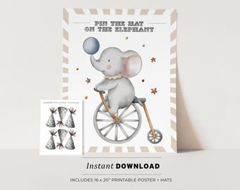 Circus Party Game, Pin the Hat on the Circus Elephant Kids Party Game Printable Poster, Birthday Party Game, INSTANT DOWNLOAD