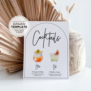 Noir Arch Watercolor Signature Cocktails Menu Sign - 120+ Cocktails, His and Hers Drinks Sign Template | EDITABLE TEMPLATE #049