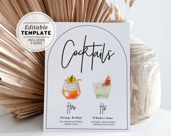 Noir Arch Watercolor Signature Cocktails Menu Sign - 120+ Cocktails, His and Hers Drinks Sign Template | EDITABLE TEMPLATE #049