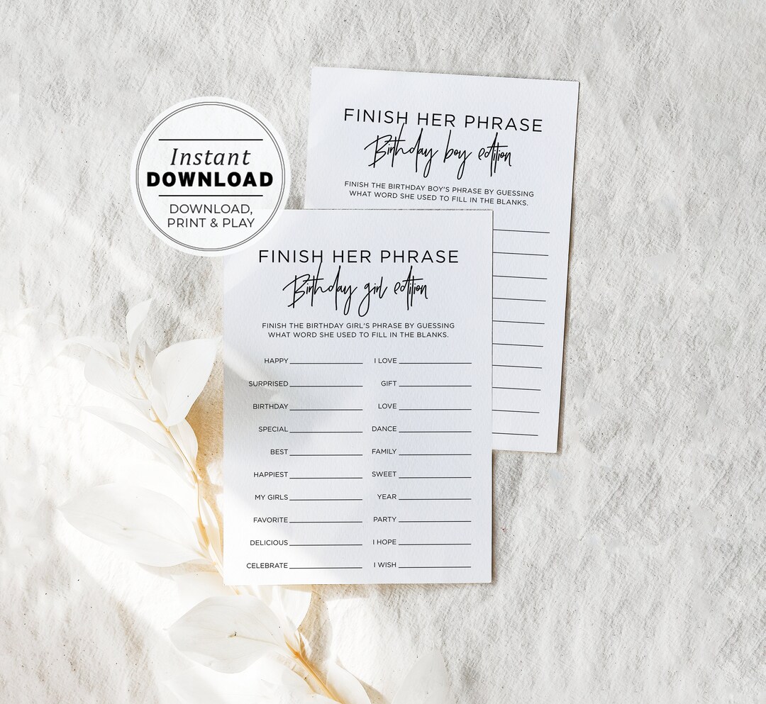 Finish Her Phrase, Finish His Phrase Birthday Party Game | INSTANT ...
