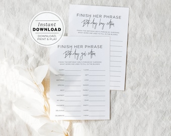 Finish Her Phrase, Finish His Phrase Birthday Party Game | INSTANT DOWNLOAD #004 Juliette Minimalist