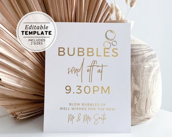 Kiki Gold Minimalist Wedding Bubbles Send Off Sign | PRINTABLE EDITABLE TEMPLATE #017