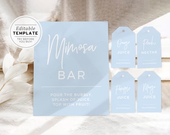 Powder Blue Mimosa Bar Sign and Tag Template, Printable Mimosa Sign | EDITABLE TEMPLATE #036