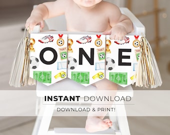 Printable Football 1st Birthday Banner, ONE High Chair Birthday Sign, Happy Birthday Bunting, Birthday Party Sign | INSTANT DOWNLOAD #077