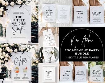 Noir Arch Minimalist Engagement Party Bundle, 11 piece set, Printable, Party Signage and Stationery Kit | EDITABLE TEMPLATE #049