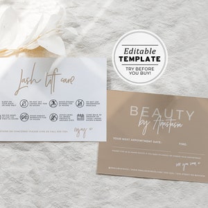 Nue Minimalist Lash Lift Care Card, Editable AfterCare Card, Lash Lift Card, Lash Instructions | EDITABLE TEMPLATE #052 #043