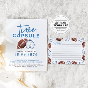 Time Capsule Template, First Birthday Time Capsule, Football Birthday Party, Sign and Cards, Printable Editable Template #056 Football