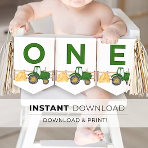 Afdrukbare groene tractor 1e verjaardag banner, een kinderstoel verjaardagsteken, gelukkige verjaardag bunting | DIRECTE DOWNLOAD #058