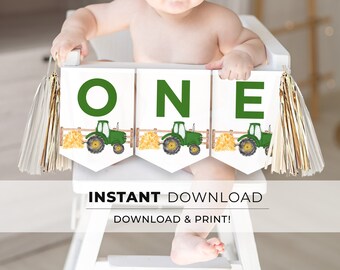 Printable Green Tractor 1st Birthday Banner, ONE High Chair Birthday Sign, Happy Birthday Bunting | INSTANT DOWNLOAD #058