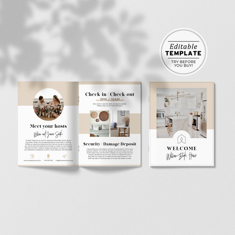 May include: A welcome guide for a rental property called Willow Bark House. The guide includes information about the hosts, check-in and check-out times, security deposit, and a welcome message.